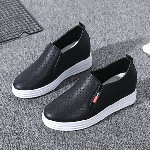 休闲女鞋 坡跟单鞋 女内增高厚底百搭一脚蹬网鞋 春夏镂空透气小白鞋