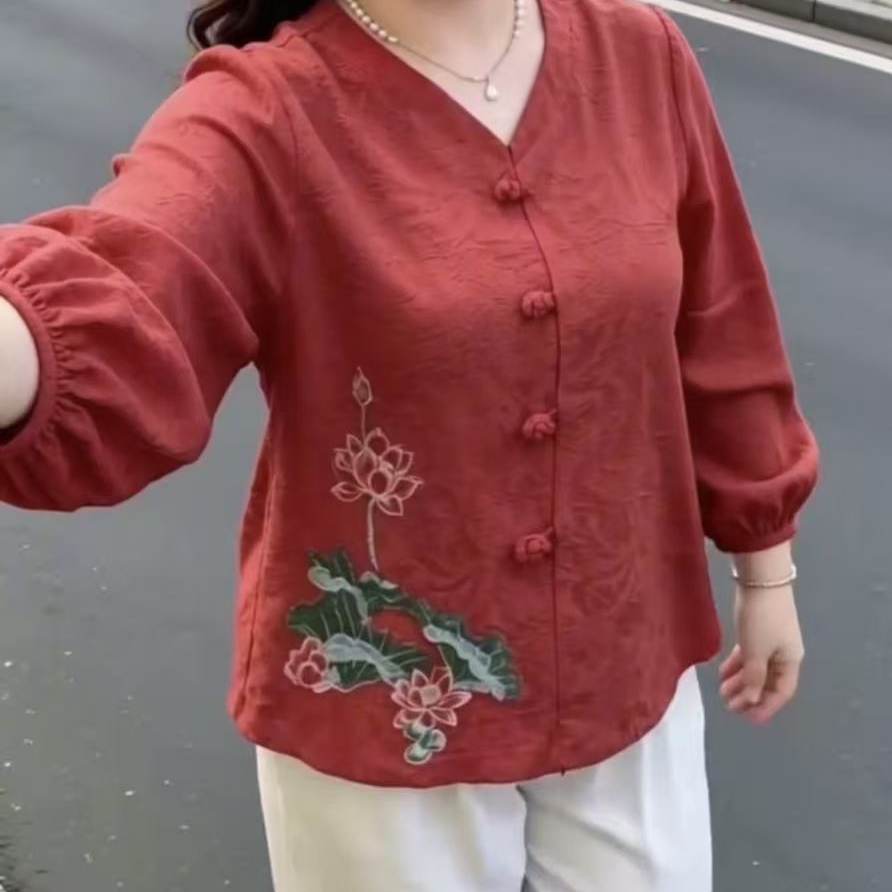 春秋九分袖T恤宽松复古衬衫夏季新款妈妈棉麻提花刺绣民族风上衣