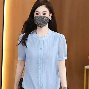 夏季新款减龄时尚上衣小个子短款上衣木耳边纯色短袖雪纺衬衫女款