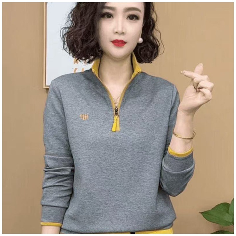 春秋季新款显瘦气质百搭女装打底衫妈妈减龄韩版时尚刺绣撞色上衣
