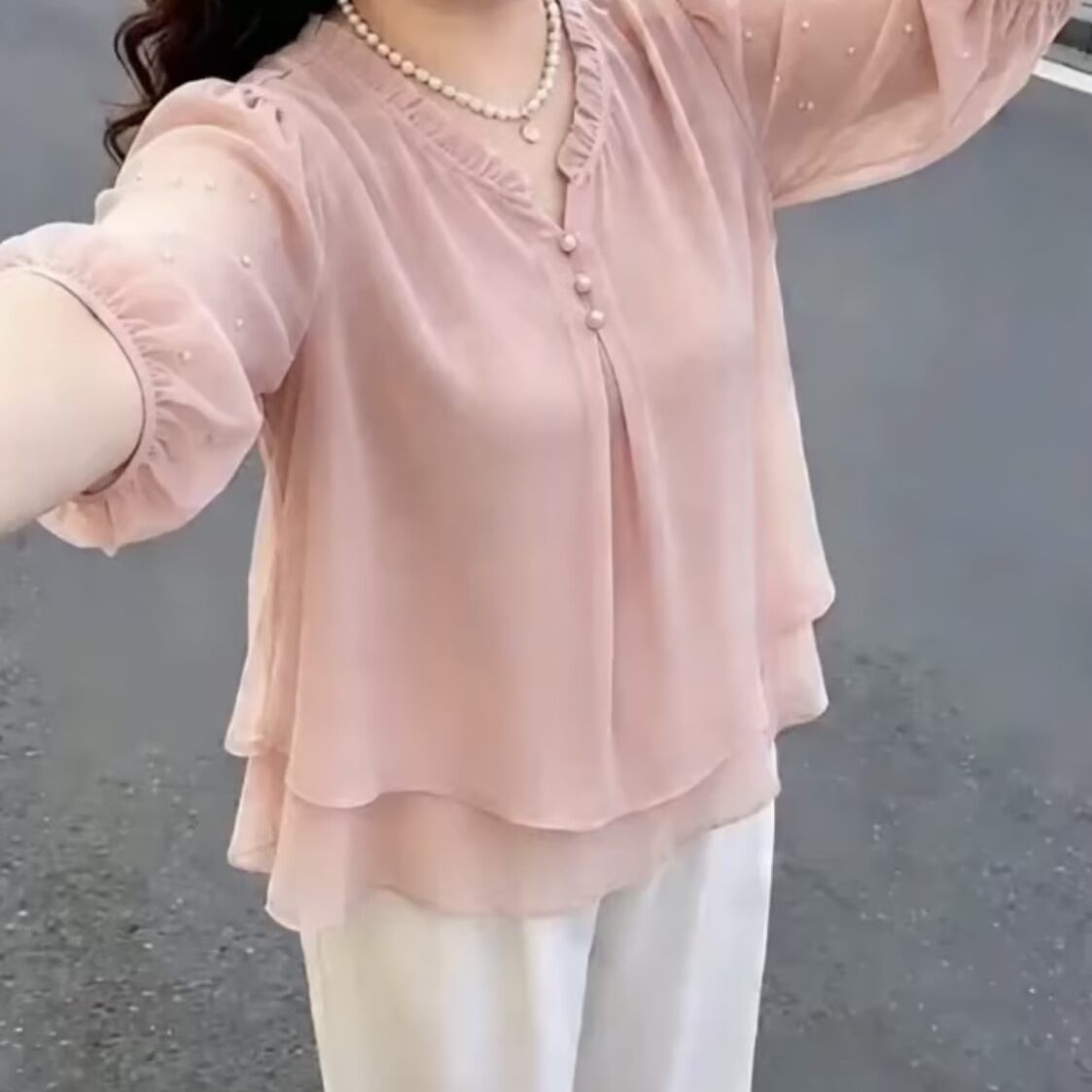 早秋七分袖中年女装宽松遮肉显瘦上衣女新款雪纺小衫时尚休闲T恤