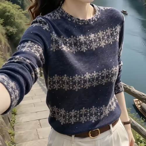 秋季新款时尚澳绒打底衫女妈妈圆领长袖T恤百搭气质减龄宽松上衣