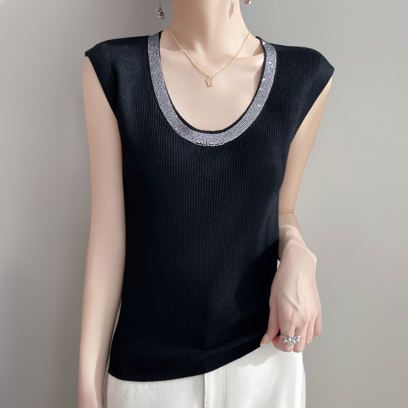 2025春季新款内搭小衫无袖烫钻u领针织背心打底衫女时尚洋气上衣