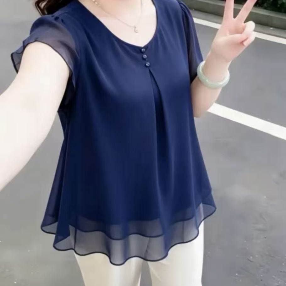 2026夏季短袖雪纺衫中年妈妈装女宽松显瘦遮肚子洋气大码短袖上衣图片