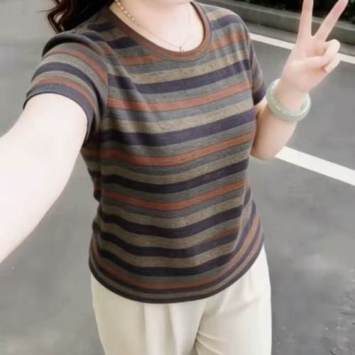 宽松休闲洋气减龄气小衫女2026夏季时尚条纹t恤妈妈薄款短袖上衣