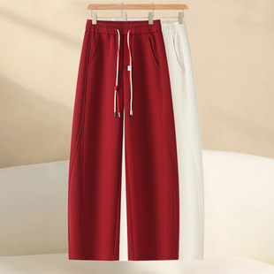 红色弯刀裤女士2026春秋冬季新款加绒宽松香蕉裤子休闲直筒运动裤