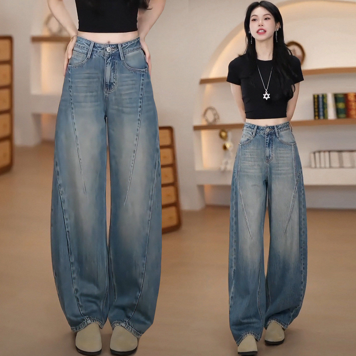 2026春季新款弯刀牛仔裤女高腰宽松高级感显瘦阔腿休闲牛仔裤女