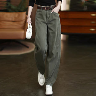 纯棉高腰百搭直筒弯刀裤 军绿色时尚 新款 女2026春秋季 软牛仔阔腿裤