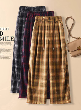 黄色烫钻格子阔腿裤女春秋季裤子2026新款弯刀裤休闲亮闪闪直筒裤