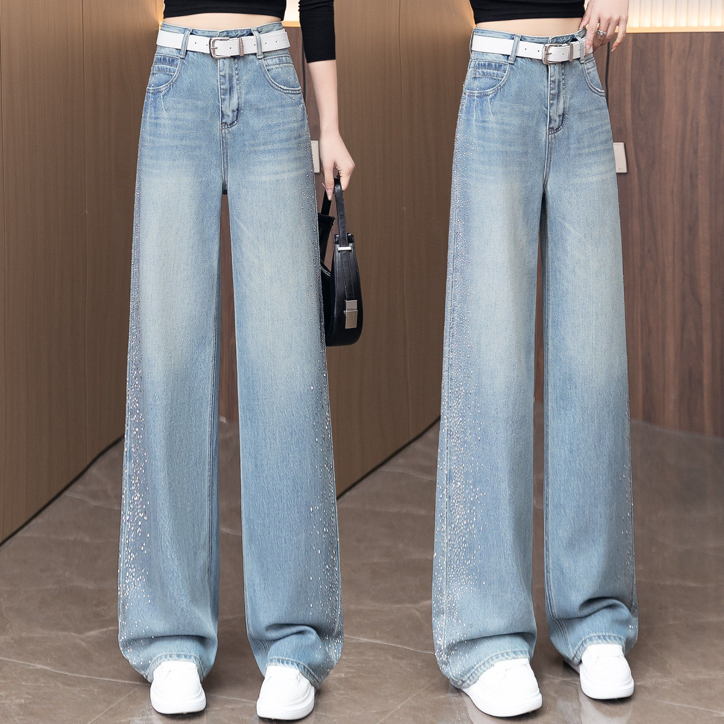 今年流行烫钻牛仔阔腿裤女2026年春秋季新款超火带钻浅色直筒裤子