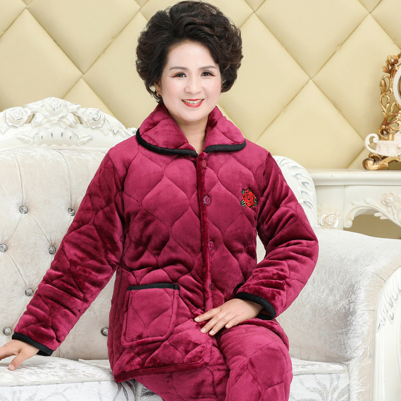 冬季中老年人珊瑚绒睡衣女夹棉加绒加厚保暖妈妈婆婆奶奶装居家服