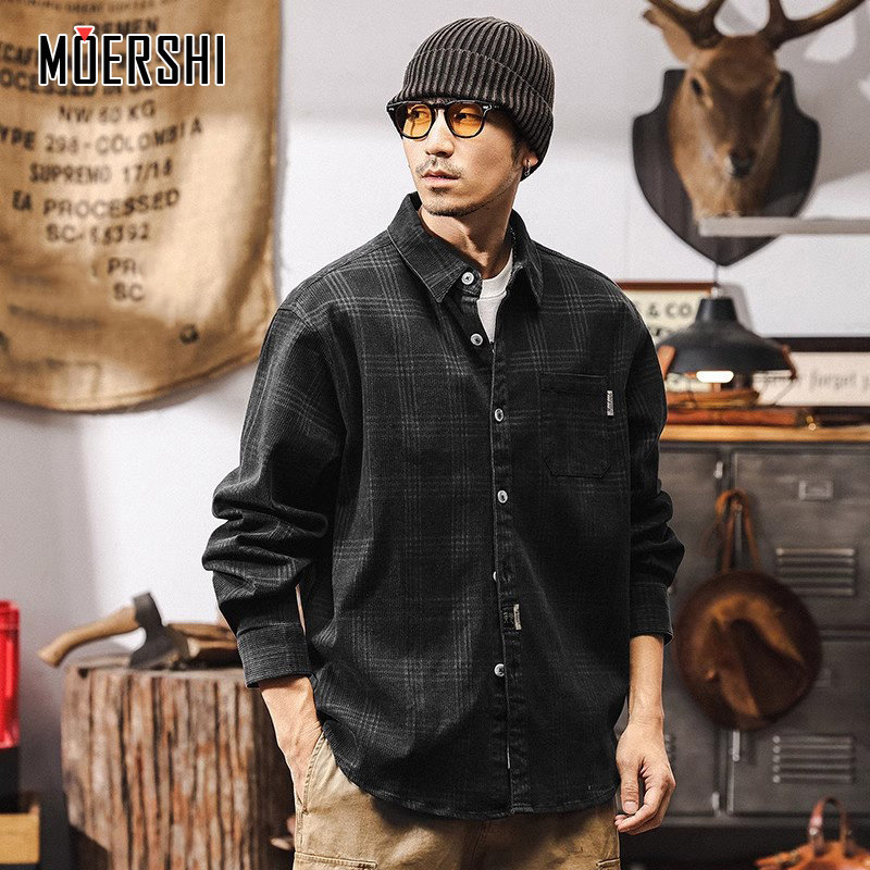 美式复古重磅格子衬衫男外套秋季宽松大码2025新款休闲夹克衫衬衣