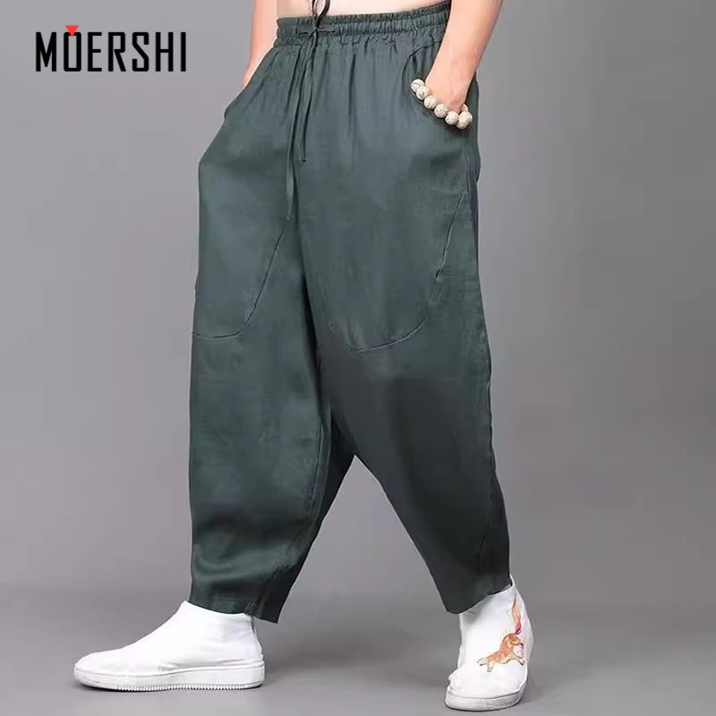 輕奢亞麻闊腿褲男士2025夏季新款休閑褲寬松哈倫褲中國(guó)風(fēng)薄款男褲