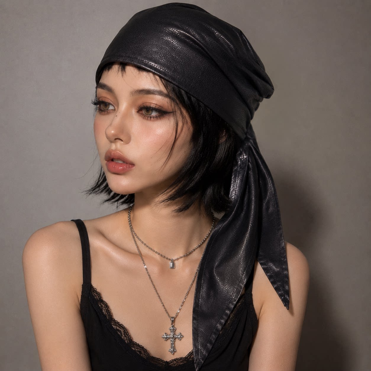 韩国设计皮质头巾帽子女款甜酷辣妹绑发方巾嘻哈音乐节包头巾薄款