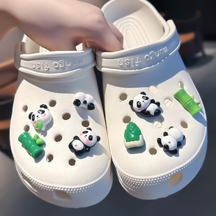 装 可爱熊猫竹子洞洞鞋 卡扣crocs洞洞鞋 花 配饰女diy儿童拖鞋 饰扣鞋