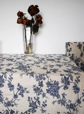 复古蓝色碎花野餐桌布ins风布艺棉麻小清新茶几布田园拍照背景布