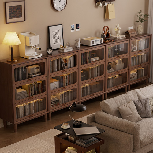 红林日记实木书柜防尘玻璃门展示柜储物柜带书柜矮靠墙组合收纳柜