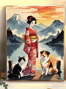 浮世绘湖畔和服女子与猫狗diy数字油画客厅装饰画喷绘打印成品画