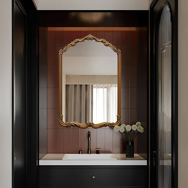 客厅轻奢高级壁炉装饰镜家用高端化妆镜欧式雕花智能led浴室镜子