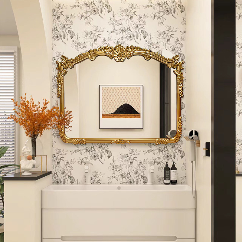 法式复古化妆镜子美式雕花led智能卫浴镜欧式奢华玄关壁炉装饰镜