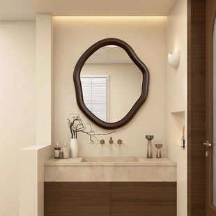 轻奢民宿复古装饰胡桃木色卫浴镜新中式高级化妆镜led智能浴室镜