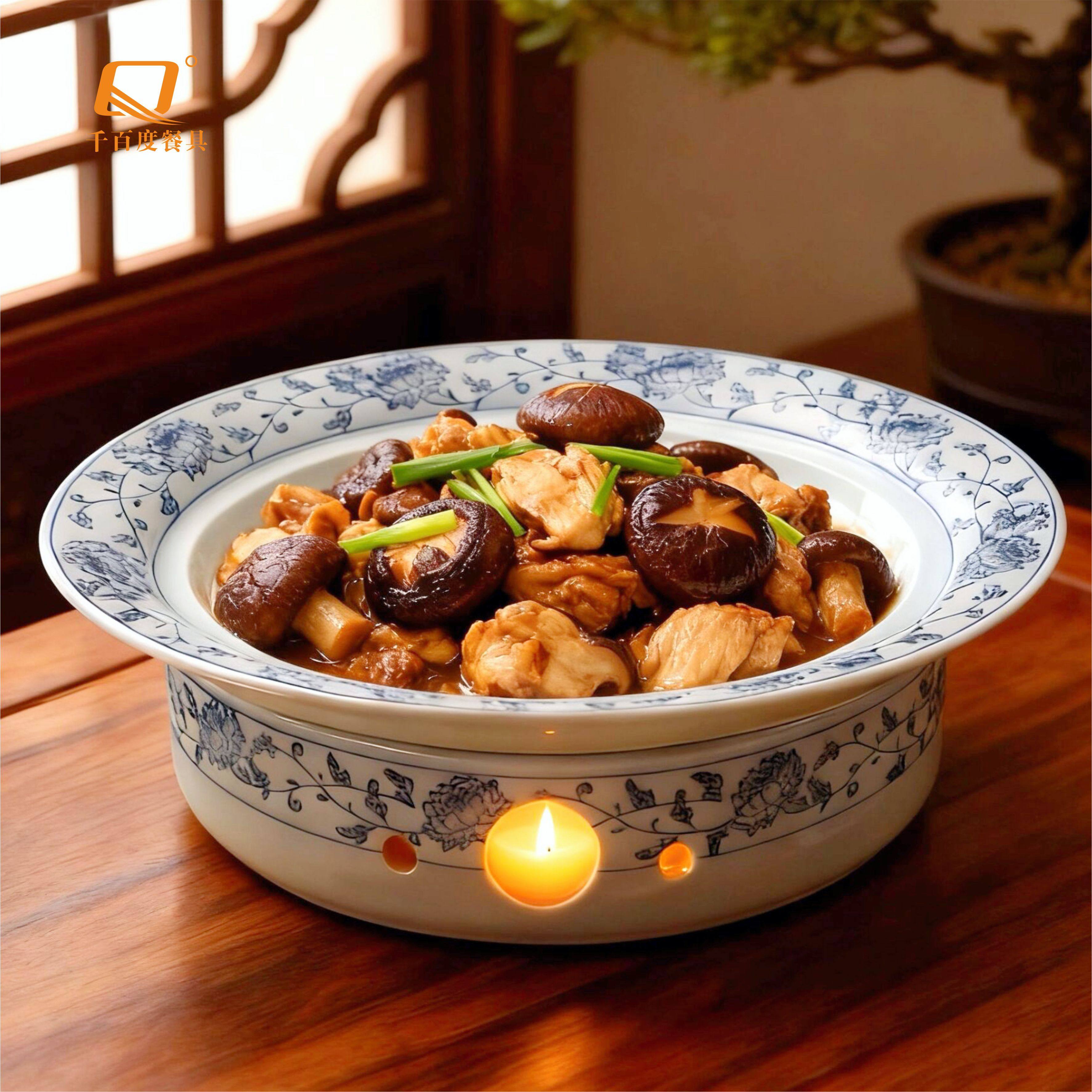 中式复古酒店专用菜盘子青花瓷保温明炉餐具红烧排骨蜡烛加热商用