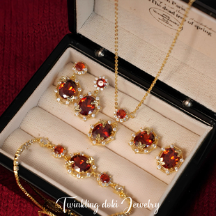 复古宫廷风石榴红锆石项链手链耳钉小众设计感轻奢气质耳饰耳夹女