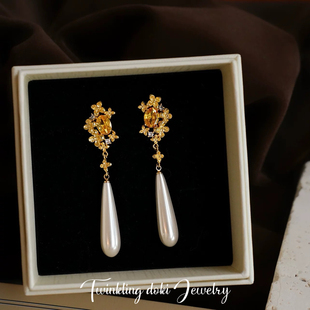 金桂珍珠～法式复古优雅宫廷风黄色花朵水滴珍珠耳钉蚊香盘耳夹女