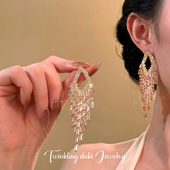 晚宴焦点～轻奢超闪满钻粉色锆石银色流苏耳环新款 气质高级耳饰女