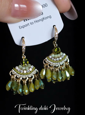 江南新中式森系绿色水滴水晶流苏耳环民族风小众重工度假耳饰耳夹