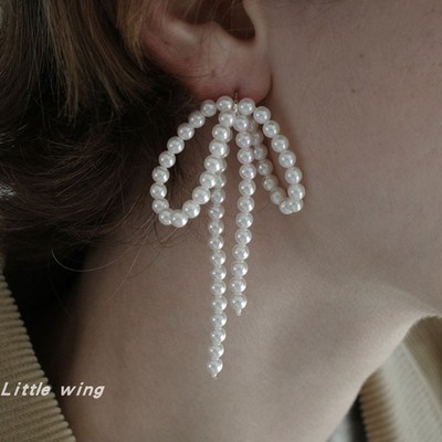 韩国仿珍珠蝴蝶结925银针耳环