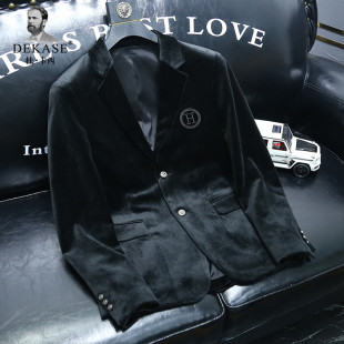Dekase 金丝绒西装男秋冬新款加厚单西上衣中年男士黑色西服外套