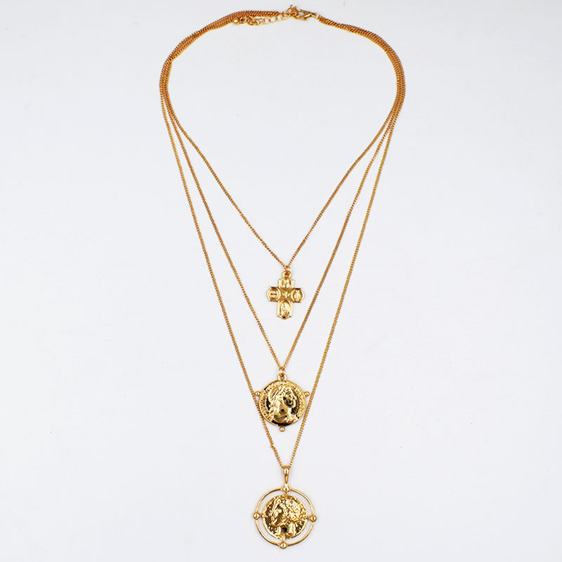 韩国东大门古罗马头像钱币十字架金币层次项链复古人像头像毛衣链