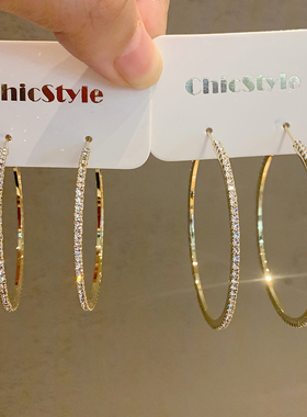 S925银针欧美风网红HOOP金属镶钻大圈夸张韩国耳环潮人个性耳圈女
