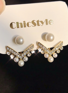 男朋友宋慧乔同款韩国珍珠镶钻耳环前后挂羽翼气质温柔百搭耳钉女