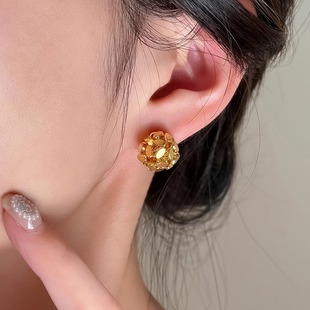 S925银针欧美风光面设计感金属小球耳钉潮人个性 女 耳环耳饰短款