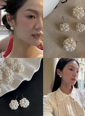 S925银针ins博主同款巴洛克天然米粒手工淡水珍珠花簇耳环耳钉女