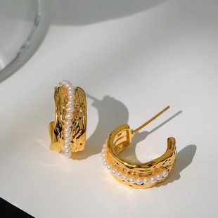 S925银针金属轻奢法式 不规则C圈半圆珍珠耳环耳钉耳饰时髦冷淡风