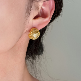 S925银针金属半圆水滴豆豆磨砂质感小众耳环耳钉气质潮人短款 女