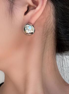 S925银针欧美INS冷淡风金属光面亮面圆球设计感耳钉潮人个性耳环