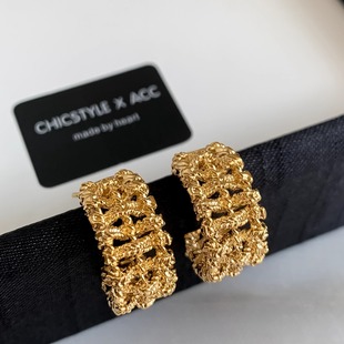 s925银针轻奢夸张金属半圆C圈编织精致耳环气质潮人个性 时髦耳钉