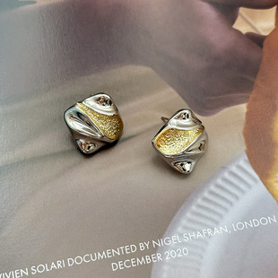 S925银针小众设计扭曲不规则拼色小方块耳环冷淡风耳钉短款 气质女