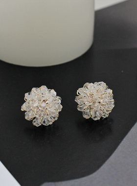 S925银针韩国手工圆形白色水晶花球耳环INS网红同款仙气耳钉短款