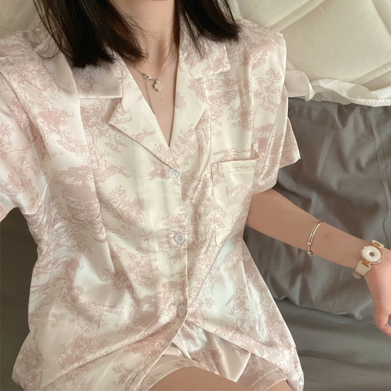 新中式水墨画短袖冰丝睡衣女夏天大码吊带睡裙开衫睡袍家居服套装