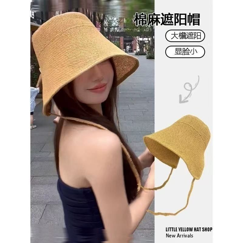 日本棉麻草帽女夏季大帽檐凉帽海边度假抗UV遮阳透气防晒帽子