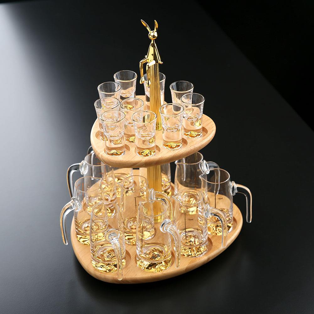 中式旋转白酒杯架收纳杯架子弹杯架小酒杯收纳架一口杯架实木杯架