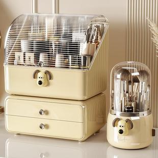 桌面化妆品收纳盒梳妆台防尘奶油风带盖护肤口红桌上置物架