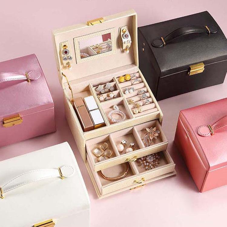 PU皮三层手提珠宝饰品首饰箱戒指耳环项链首饰收纳盒家用