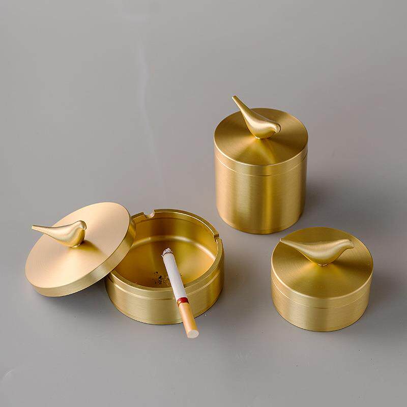 黄铜烟灰缸家用客厅金属轻奢创意个性办公室防飞灰带盖烟缸车载