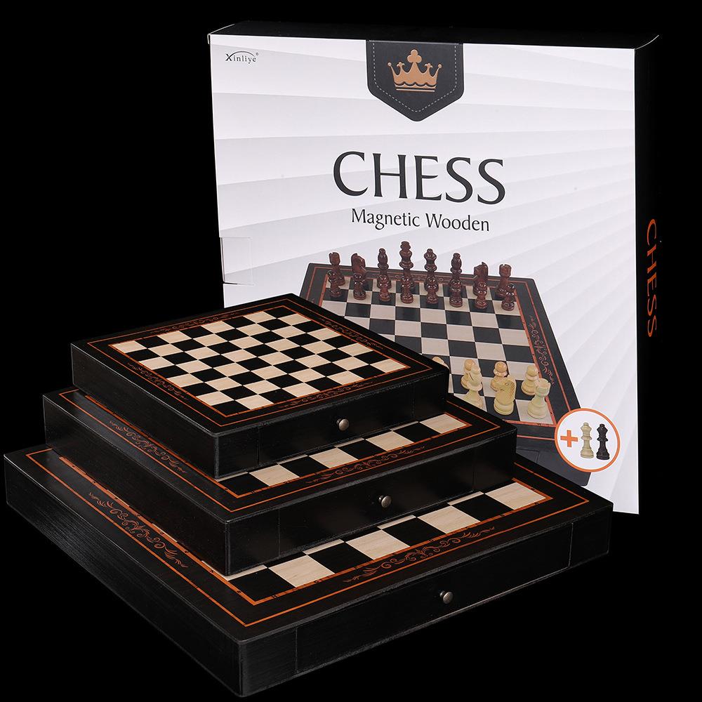 新款热卖台式国际象棋木制带抽屉益智棋牌游戏玩具棋